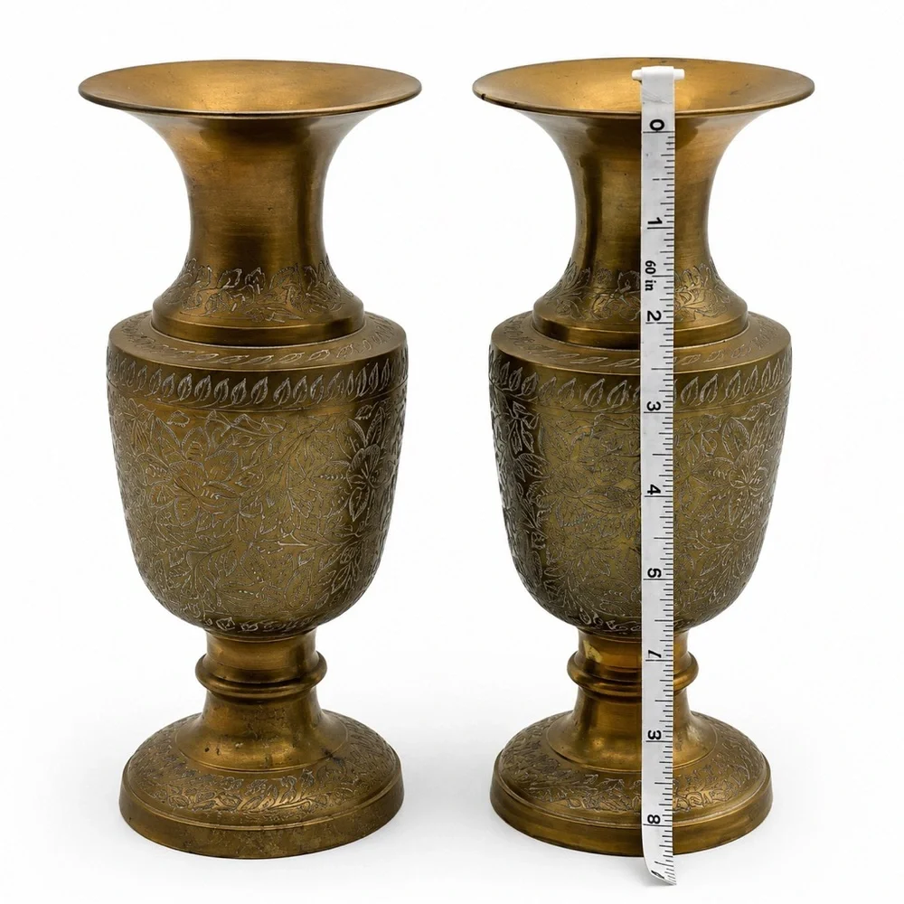 Vintage Brass Etched Floral Vase Pair Indian Engraved Boho Hollywood Regency - Picture 6 of 8